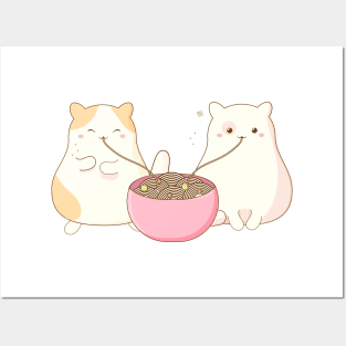 cute cats eating chinese korean noodles Posters and Art